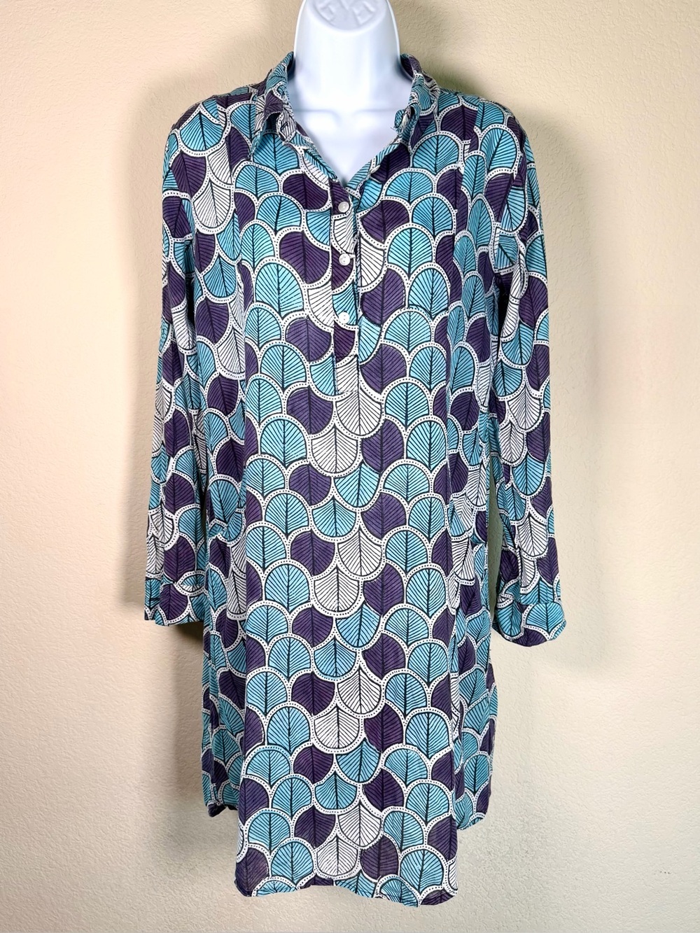 Roller Rabbit 100% Cotton Leaf Print Tunic Cover Up Dress Small Resort Beach